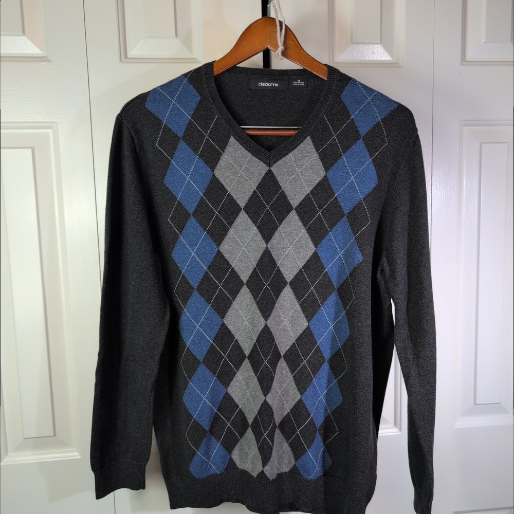 Claiborne Men's Md Gray Blue Argyle 100% Cotton Sweater Work Smart Ivy League